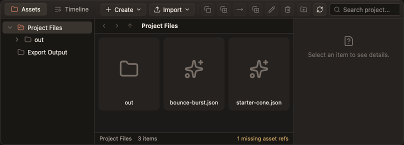 Assets browser: folder tree, grid view with folder and effect thumbnails, toolbar with Create and Import menus, and the file details pane