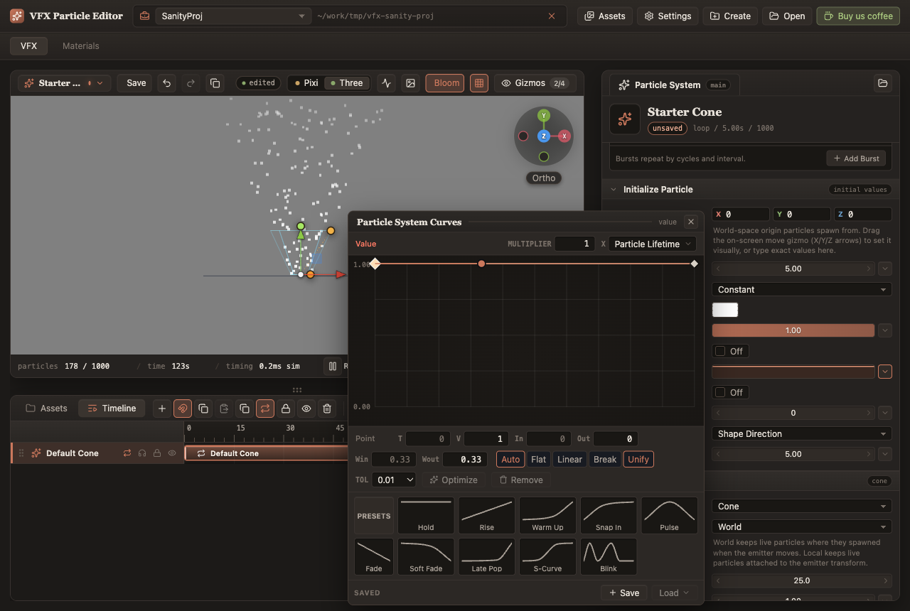 The Particle System Curves floating panel with a multi-point curve, tangent controls, optimize tools and curve presets