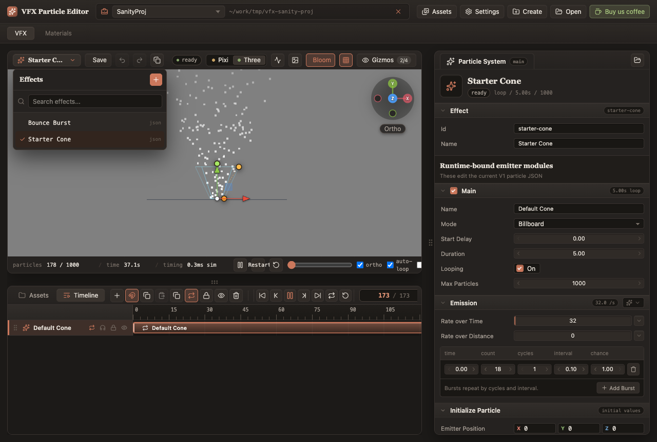 The effects library popover open over the viewport, listing the project's effects with search, new-effect, rename and delete controls