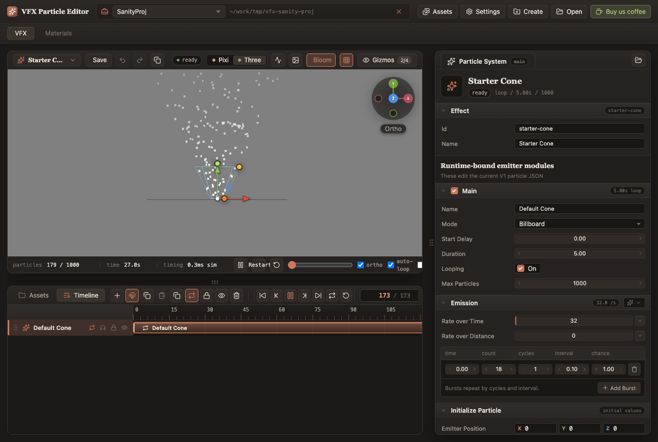 The full NixieFX editor interface: top bar, viewport with toolbar, timeline at the bottom and inspector on the right