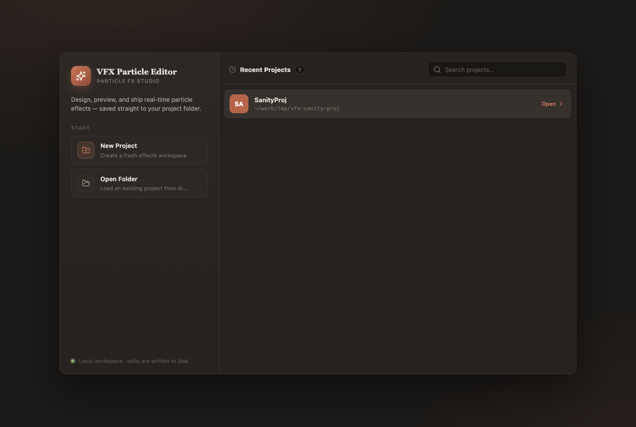 NixieFX project launcher with New Project, Open Folder start cards and a Recent Projects list