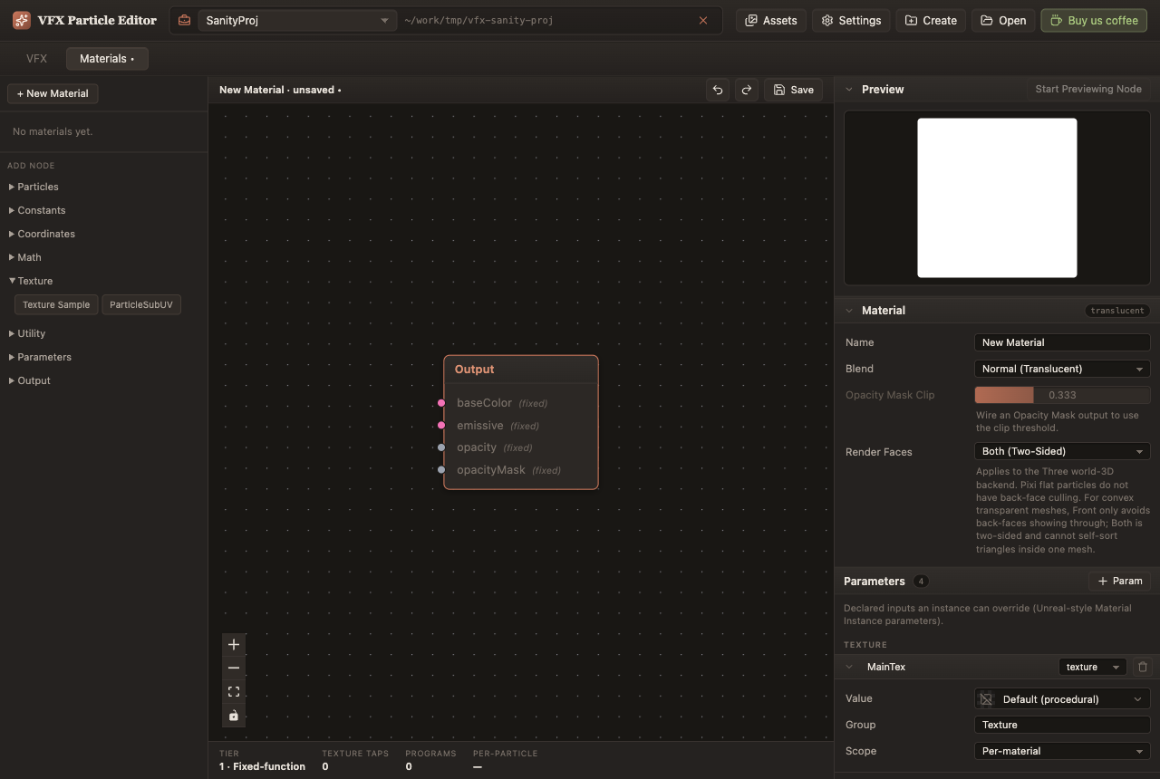 The Materials view: node palette on the left, shader graph canvas with the Output node, and the preview plus material inspector on the right