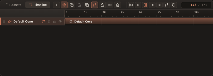 The timeline tab with an emitter track, its clip bar, per-track loop, solo, lock and mute buttons, and the shared transport toolbar