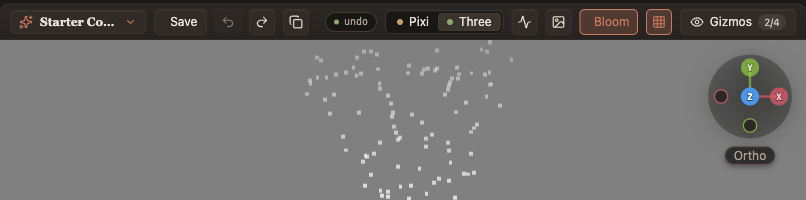 Viewport toolbar: effects library, Save, undo, redo, duplicate, status pill, Pixi/Three renderer toggle with support dots, diagnostics, background, Bloom, floor grid and Gizmos controls